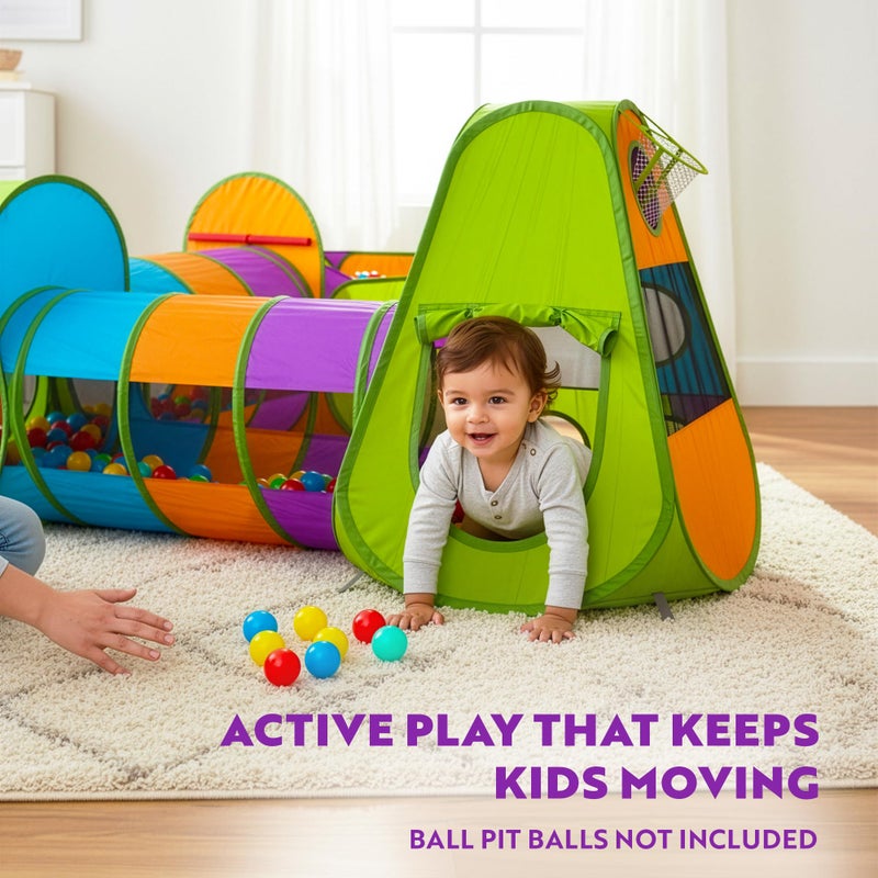 Playz 5-Piece Kids Pop up Play Tent Crawl Tunnel and Ball Pit with Basketball Hoop Playhouse for Boys, Girls, Babies, and Toddlers (Purple, Orange, Yellow, Red, Blue) - Image 5